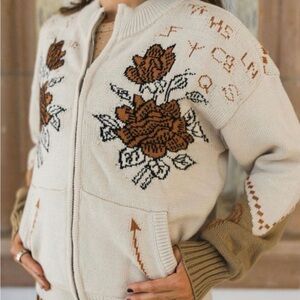 Rodeo Quincy Jenkins Floral Knit Zip Jacket - Cream and Brown